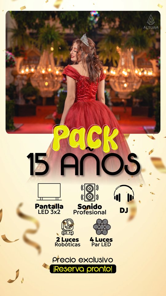 Pack 15 Años de Altura: videowall LED 3×2, sonido profesional, DJ, 2 luces robóticas y 4 luces par LED
